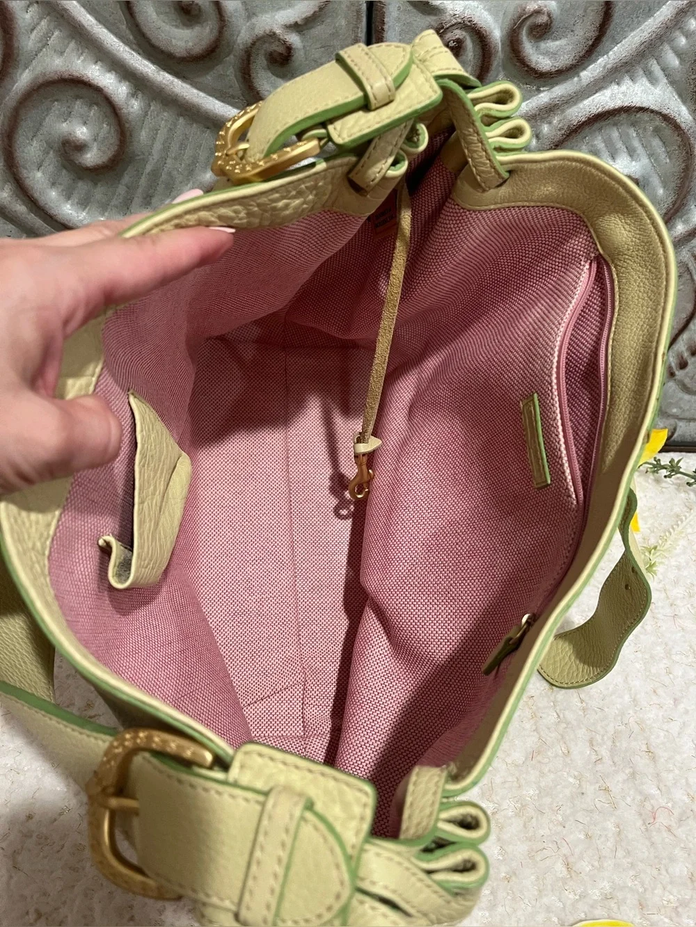 DOONEY & BOURKE  Vintage Pebbled Leather Lime Green Hobo Shoulder Bag